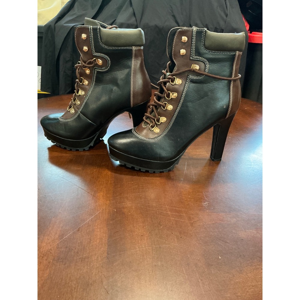 ShoeDazzle Ankle Boots Aden Sz 11 Black Brown Olive High Heel Platform Lug Sole - Picture 7 of 8